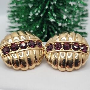 Vintage Gold Tone Earrings Purple Crystals Round Studs Swarovski S.A.L.